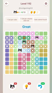 Meowdoku Level 192 step 4 screenshot showing the cat placement at D5 with 4 of 10 cats visible on the board.