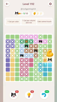 Meowdoku Level 192 step 5 screenshot showing the cat placement at J6 with 5 of 10 cats visible on the board.