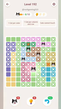 Meowdoku Level 192 step 6 screenshot showing the cat placement at F7 with 6 of 10 cats visible on the board.