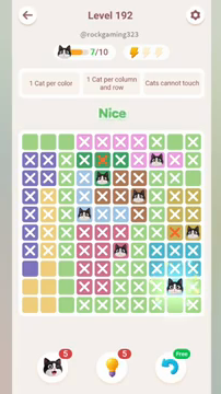 Meowdoku Level 192 step 7 screenshot showing the cat placement at I9 with 7 of 10 cats visible on the board.