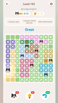 Meowdoku Level 192 step 8 screenshot showing the cat placement at A8 with 8 of 10 cats visible on the board.