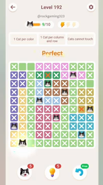 Meowdoku Level 192 step 9 screenshot showing the cat placement at B10 with 9 of 10 cats visible on the board.