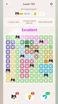 Meowdoku Level 192 step 10 screenshot showing the cat placement at C1 with 10 of 10 cats visible on the board.