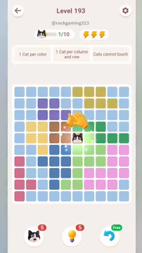 Meowdoku Level 193 step 1 screenshot showing the cat placement at F5 with 1 of 10 cats visible on the board.