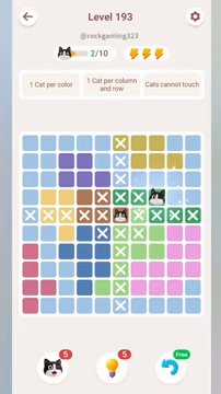 Meowdoku Level 193 step 2 screenshot showing the cat placement at H4 with 2 of 10 cats visible on the board.