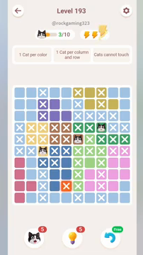 Meowdoku Level 193 step 3 screenshot showing the cat placement at C6 with 3 of 10 cats visible on the board.