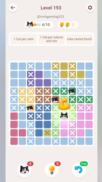 Meowdoku Level 193 step 4 screenshot showing the cat placement at G7 with 4 of 10 cats visible on the board.