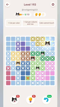 Meowdoku Level 193 step 5 screenshot showing the cat placement at I2 with 5 of 10 cats visible on the board.