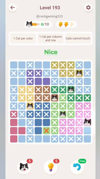 Meowdoku Level 193 step 6 screenshot showing the cat placement at J8 with 6 of 10 cats visible on the board.
