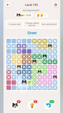 Meowdoku Level 193 step 7 screenshot showing the cat placement at D9 with 7 of 10 cats visible on the board.