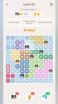 Meowdoku Level 193 step 8 screenshot showing the cat placement at E3 with 8 of 10 cats visible on the board.
