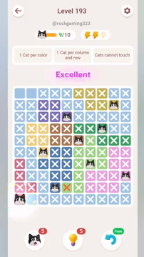 Meowdoku Level 193 step 9 screenshot showing the cat placement at A10 with 9 of 10 cats visible on the board.