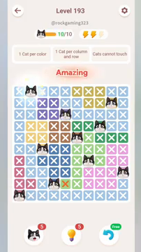 Meowdoku Level 193 step 10 screenshot showing the cat placement at B1 with 10 of 10 cats visible on the board.