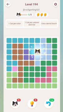 Meowdoku Level 194 step 1 screenshot showing the cat placement at F3 with 1 of 9 cats visible on the board.