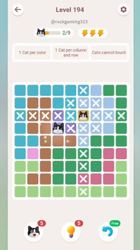 Meowdoku Level 194 step 2 screenshot showing the cat placement at D4 with 2 of 9 cats visible on the board.