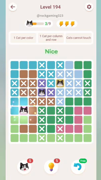 Meowdoku Level 194 step 3 screenshot showing the cat placement at B6 with 3 of 9 cats visible on the board.