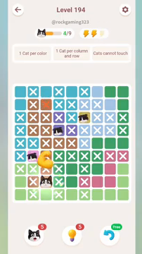 Meowdoku Level 194 step 4 screenshot showing the cat placement at C8 with 4 of 9 cats visible on the board.