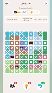 Meowdoku Level 194 step 5 screenshot showing the cat placement at H7 with 5 of 9 cats visible on the board.