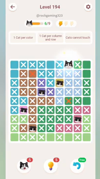 Meowdoku Level 194 step 6 screenshot showing the cat placement at G1 with 6 of 9 cats visible on the board.