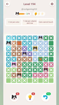 Meowdoku Level 194 step 7 screenshot showing the cat placement at A2 with 7 of 9 cats visible on the board.