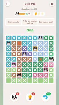 Meowdoku Level 194 step 8 screenshot showing the cat placement at I5 with 8 of 9 cats visible on the board.