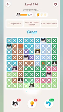 Meowdoku Level 194 step 9 screenshot showing the cat placement at E9 with 9 of 9 cats visible on the board.