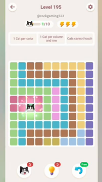 Meowdoku Level 195 step 1 screenshot showing the cat placement at C6 with 1 of 10 cats visible on the board.