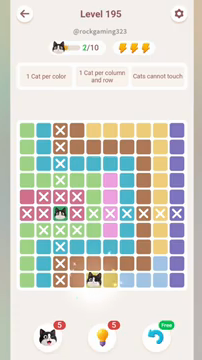 Meowdoku Level 195 step 2 screenshot showing the cat placement at E10 with 2 of 10 cats visible on the board.