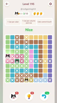 Meowdoku Level 195 step 3 screenshot showing the cat placement at A5 with 3 of 10 cats visible on the board.
