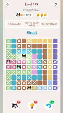 Meowdoku Level 195 step 4 screenshot showing the cat placement at D4 with 4 of 10 cats visible on the board.