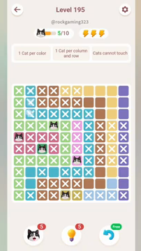 Meowdoku Level 195 step 5 screenshot showing the cat placement at F7 with 5 of 10 cats visible on the board.