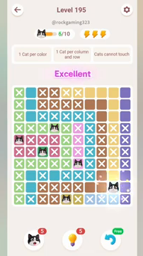 Meowdoku Level 195 step 6 screenshot showing the cat placement at I9 with 6 of 10 cats visible on the board.