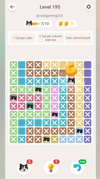 Meowdoku Level 195 step 7 screenshot showing the cat placement at H3 with 7 of 10 cats visible on the board.