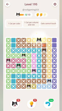 Meowdoku Level 195 step 8 screenshot showing the cat placement at G1 with 8 of 10 cats visible on the board.