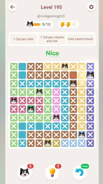 Meowdoku Level 195 step 9 screenshot showing the cat placement at J2 with 9 of 10 cats visible on the board.