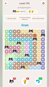 Meowdoku Level 195 step 10 screenshot showing the cat placement at B8 with 10 of 10 cats visible on the board.