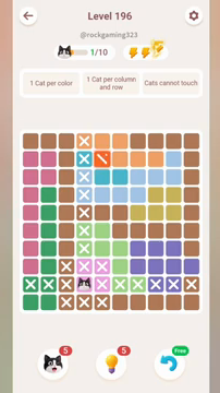 Meowdoku Level 196 step 1 screenshot showing the cat placement at D9 with 1 of 10 cats visible on the board.