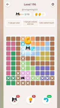 Meowdoku Level 196 step 2 screenshot showing the cat placement at E3 with 2 of 10 cats visible on the board.