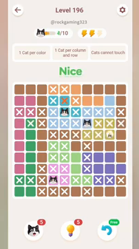 Meowdoku Level 196 step 3 screenshot showing the cat placement at G4 with 3 of 10 cats visible on the board.