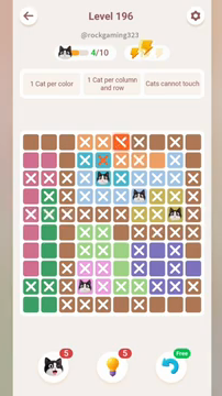 Meowdoku Level 196 step 4 screenshot showing the cat placement at I5 with 4 of 10 cats visible on the board.