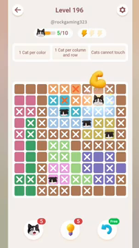 Meowdoku Level 196 step 5 screenshot showing the cat placement at H2 with 5 of 10 cats visible on the board.