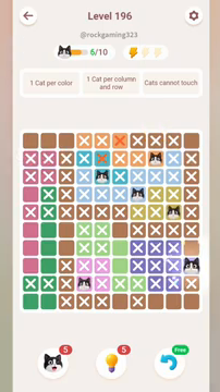 Meowdoku Level 196 step 6 screenshot showing the cat placement at J8 with 6 of 10 cats visible on the board.