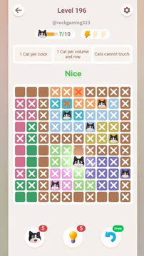 Meowdoku Level 196 step 7 screenshot showing the cat placement at F7 with 7 of 10 cats visible on the board.