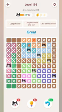 Meowdoku Level 196 step 8 screenshot showing the cat placement at A6 with 8 of 10 cats visible on the board.