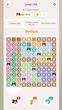 Meowdoku Level 196 step 9 screenshot showing the cat placement at B10 with 9 of 10 cats visible on the board.