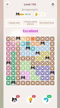 Meowdoku Level 196 step 10 screenshot showing the cat placement at C1 with 10 of 10 cats visible on the board.