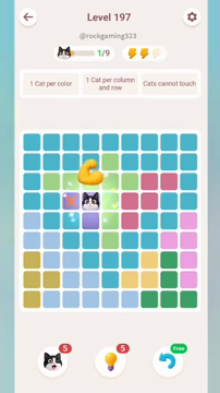 Meowdoku Level 197 step 1 screenshot showing the cat placement at D4 with 1 of 9 cats visible on the board.