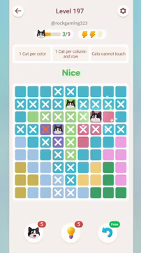 Meowdoku Level 197 step 3 screenshot showing the cat placement at G3 with 3 of 9 cats visible on the board.