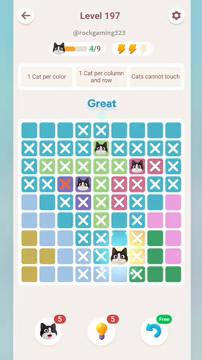 Meowdoku Level 197 step 4 screenshot showing the cat placement at F8 with 4 of 9 cats visible on the board.