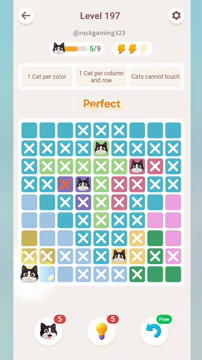 Meowdoku Level 197 step 5 screenshot showing the cat placement at A9 with 5 of 9 cats visible on the board.